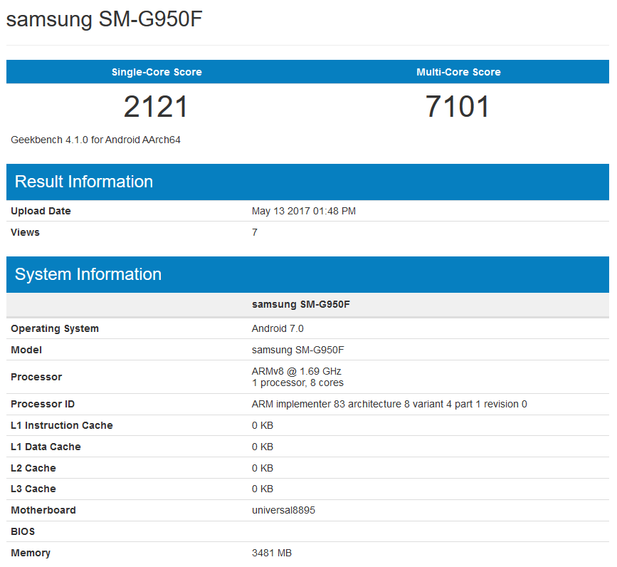 Samsung Galaxy S8 geekbench 7000 puncte